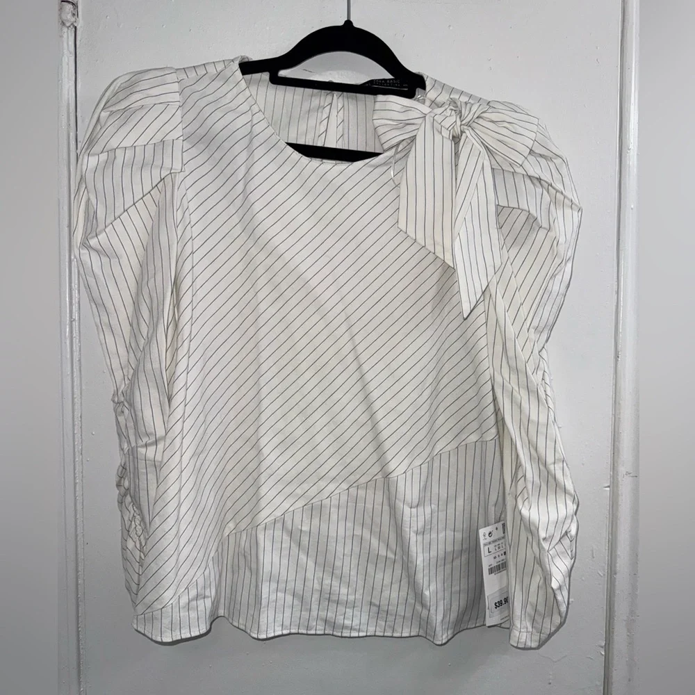Zara White Striped Shirt with Bow Puff Sleeves size L NWT